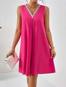 SHEIN Privé Contrast Binding V Neck Tunic Dress - Hot Pink - View 4