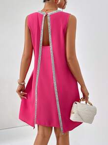 SHEIN Privé Contrast Binding V Neck Tunic Dress - Hot Pink - View 5