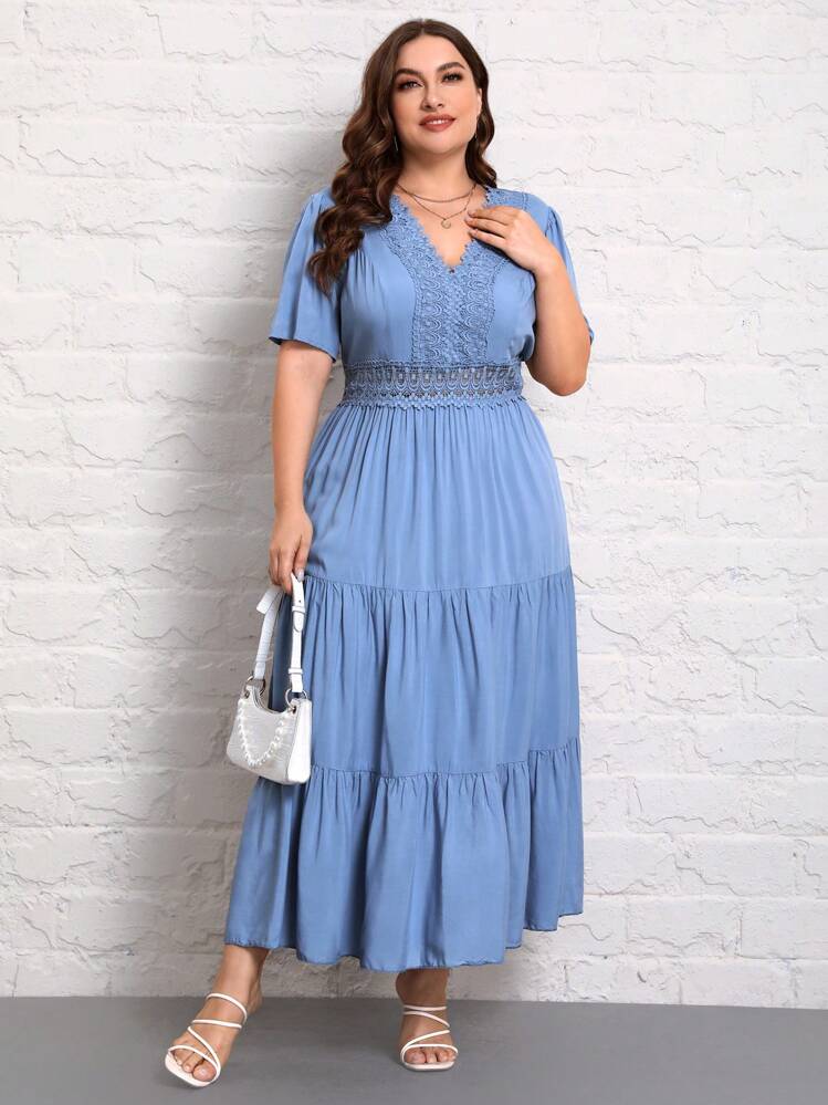 SHEIN Privé Plus Guipure Spetsinslag Nederkant med volanger Klänningar - Dammblå - Visa 3
