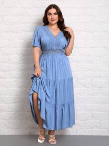 SHEIN Privé Talla grande Vestido con encaje bajo con fruncido - Neblina azul - Ver 5