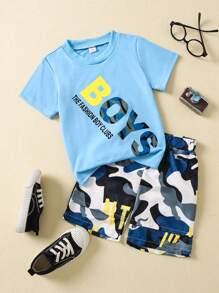 SHEIN Young Boy Letter Graphic Tee & Camo Print Shorts - Multicolor - View 1
