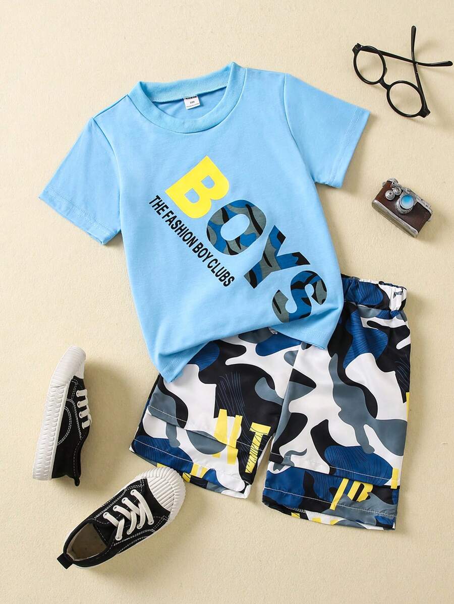 SHEIN Young Boy Letter Graphic Tee & Camo Print Shorts - Multicolor - View 1