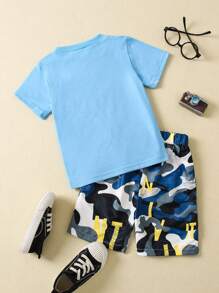 SHEIN Young Boy Letter Graphic Tee & Camo Print Shorts - Multicolor - View 2