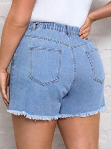 SHEIN Essnce 大碼高腰毛邊牛仔短褲 - 藍色 - 查看 2