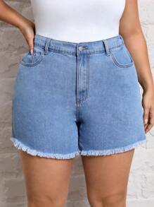 SHEIN Essnce 大碼高腰毛邊牛仔短褲 - 藍色 - 查看 3