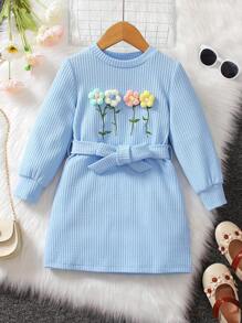 SHEIN Cô Gái Trẻ Đồ trang trí hoa Váy có thắt lưng - Màu xanh lam - Xem 1