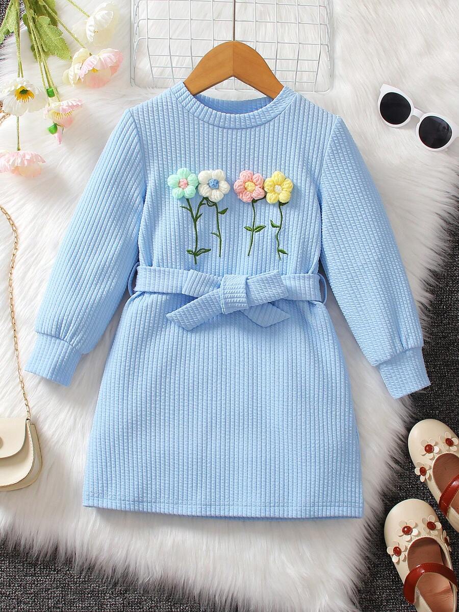 SHEIN Cô Gái Trẻ Đồ trang trí hoa Váy có thắt lưng - Màu xanh lam - Xem 1