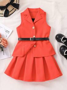 女小童西裝領馬甲西裝外套和百褶半身裙和吊帶上衣 - 彩色 - 查看 1