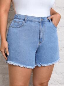 SHEIN Essnce 大碼高腰毛邊牛仔短褲 - 藍色 - 查看 4