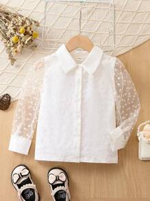 SHEIN Young Girl Contrast Heart Mesh Puff Sleeve Shirt - White - View 1