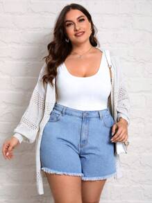 SHEIN Essnce 大碼高腰毛邊牛仔短褲 - 藍色 - 查看 5