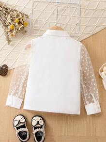 SHEIN Young Girl Contrast Heart Mesh Puff Sleeve Shirt - White - View 2