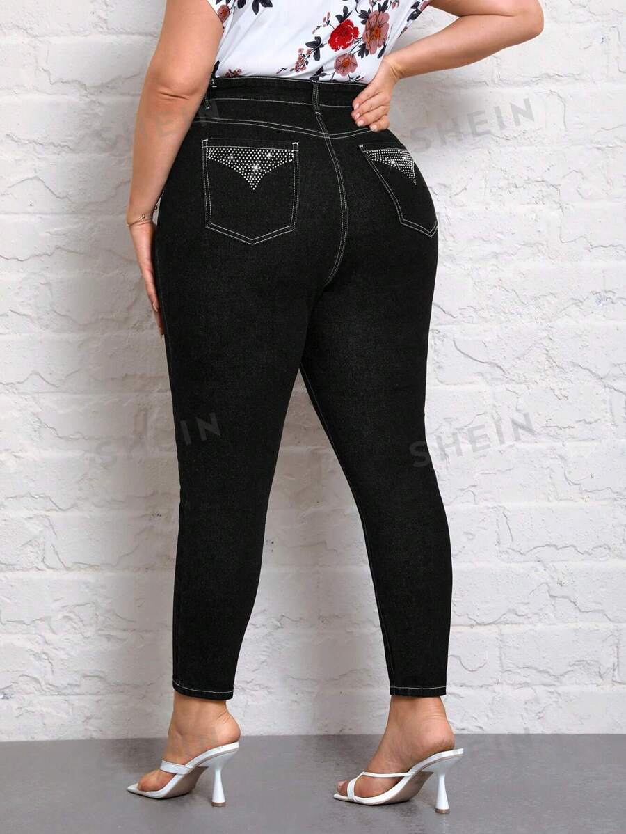 EMERY ROSE Talla grande Jeans ajustados de talle alto con diseño de diamante de imitación