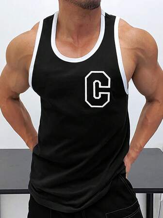 Guys Letter Graphic Contrast Binding Tank Top