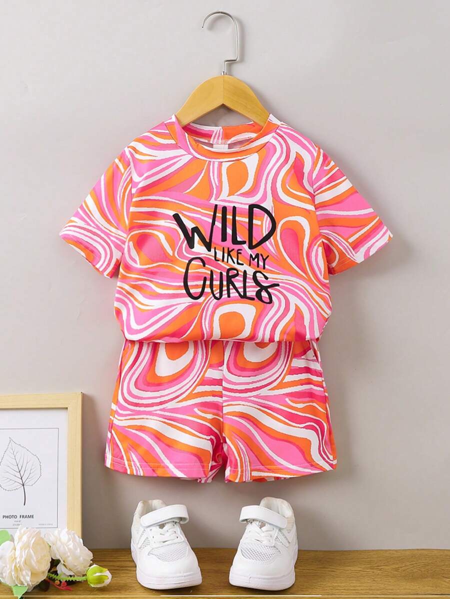 Young Girl Marble & Letter Graphic Tee & Shorts - Multicolor - View 1