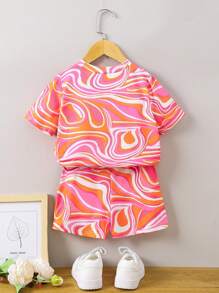 Young Girl Marble & Letter Graphic Tee & Shorts - Multicolor - View 5