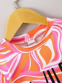 Young Girl Marble & Letter Graphic Tee & Shorts - Multicolor - View 8