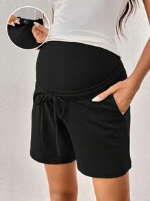 SHEIN Thai sản Eo dây rút Túi nghiêng Quần short - màu đen - Xem 1