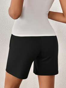 SHEIN Thai sản Eo dây rút Túi nghiêng Quần short - màu đen - Xem 2