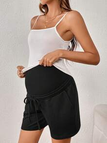 SHEIN Thai sản Eo dây rút Túi nghiêng Quần short - màu đen - Xem 4