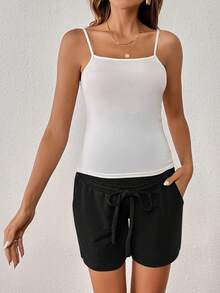 SHEIN Thai sản Eo dây rút Túi nghiêng Quần short - màu đen - Xem 7