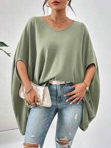 SHEIN Essnce Solid Batwing Sleeve V Neck Poncho Blouse - Green - View 1