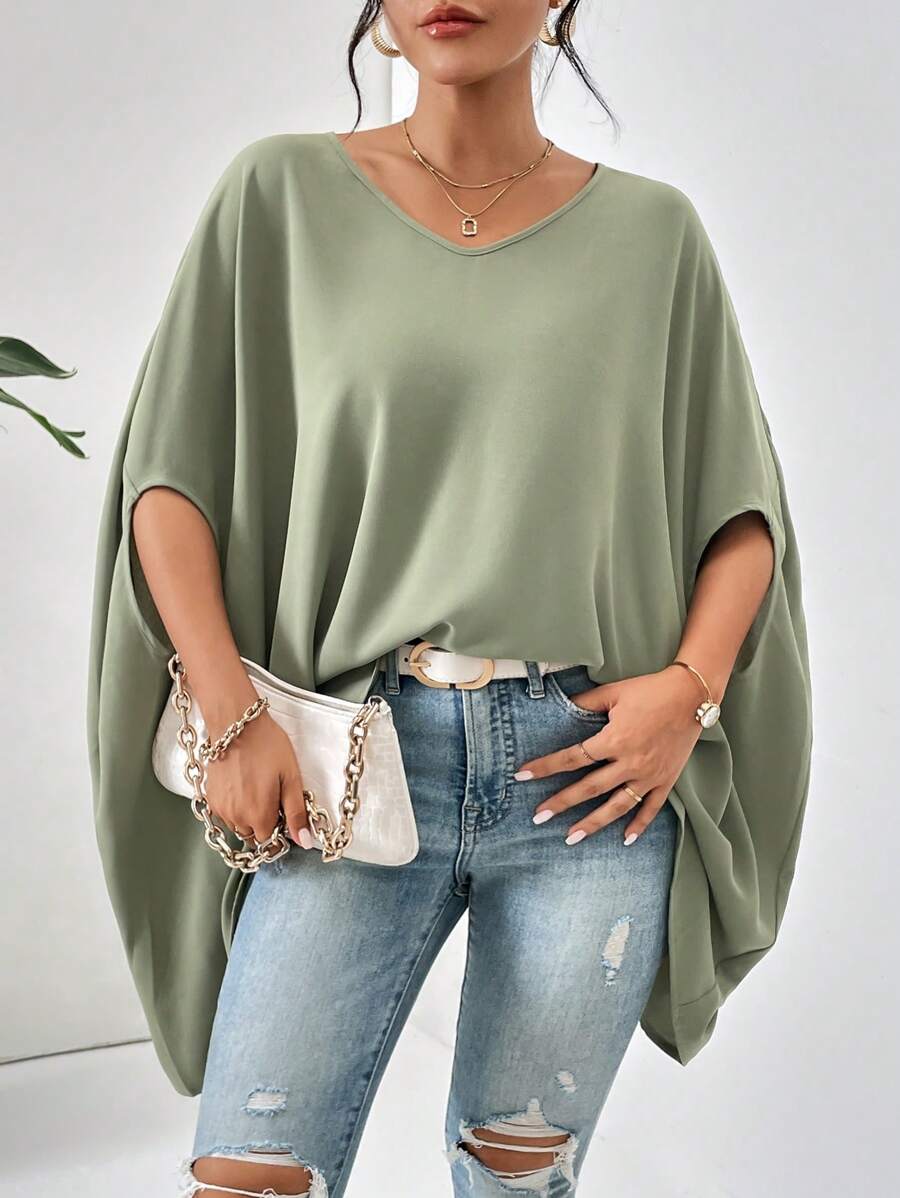 SHEIN Essnce Solid Batwing Sleeve V Neck Poncho Blouse - Green - View 1
