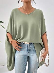 SHEIN Essnce Solid Batwing Sleeve V Neck Poncho Blouse - Green - View 4