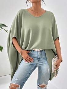 SHEIN Essnce Solid Batwing Sleeve V Neck Poncho Blouse - Green - View 5