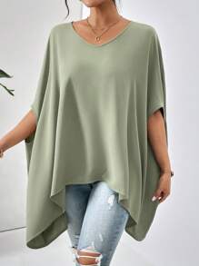 SHEIN Essnce Solid Batwing Sleeve V Neck Poncho Blouse - Green - View 6