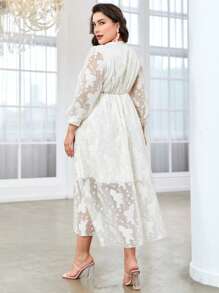 Modelyn Talla grande Vestido de manga farol ribete con fruncido cruzado con nudo lateral - Albaricoque - Ver 2