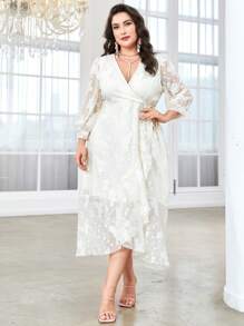 Modelyn Talla grande Vestido de manga farol ribete con fruncido cruzado con nudo lateral - Albaricoque - Ver 3