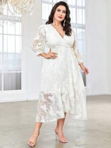 Modelyn Talla grande Vestido de manga farol ribete con fruncido cruzado con nudo lateral - Albaricoque - Ver 4