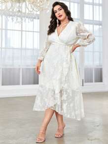 Modelyn Talla grande Vestido de manga farol ribete con fruncido cruzado con nudo lateral - Albaricoque - Ver 6