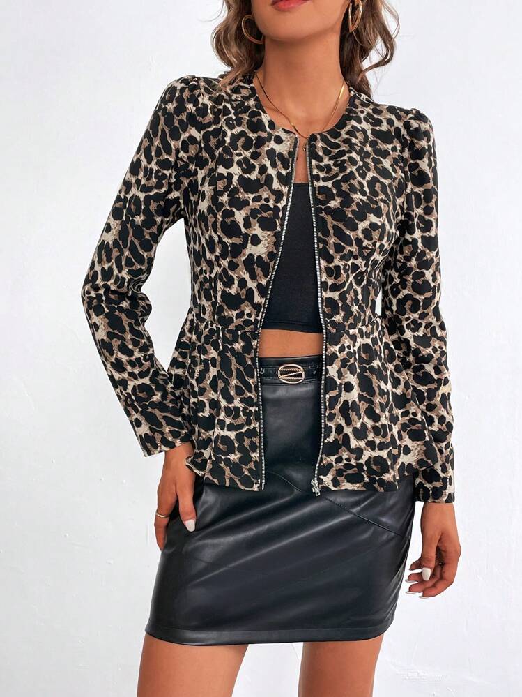 SHEIN Prive Leopard Print Zip Up Peplum Coat Without Tube Top SHEIN