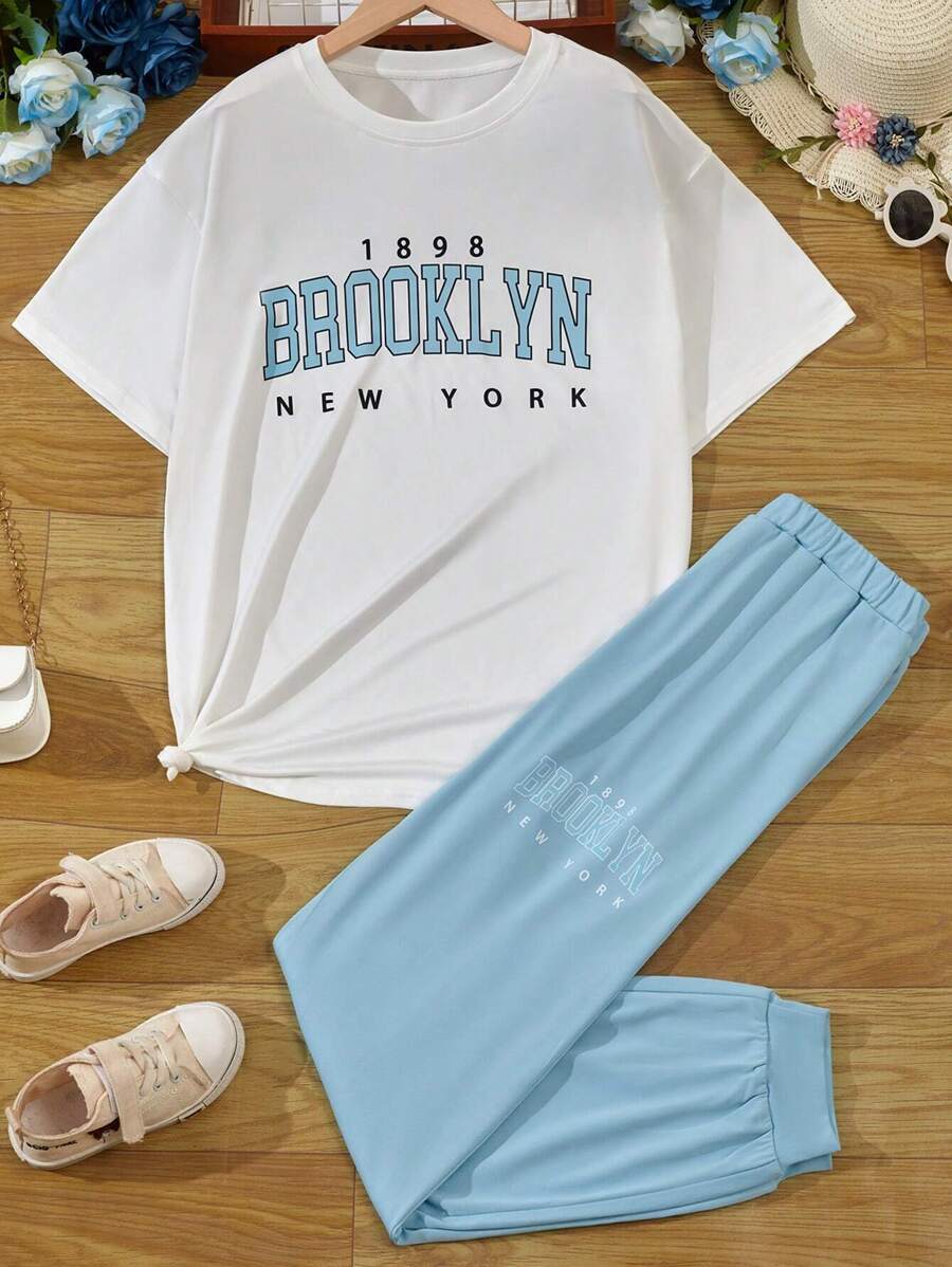 SHEIN Teen Girl Letter Graphic Tee & Sweatpants