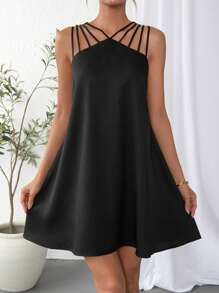 SHEIN Essnce Chất rắn Chi tiết có dây Váy ba lỗ - màu đen - Xem 4