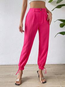 SHEIN Essnce 高腰抽繩下擺長褲 - 玫紅色 - 查看 3