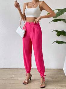 SHEIN Essnce 高腰抽繩下擺長褲 - 玫紅色 - 查看 5