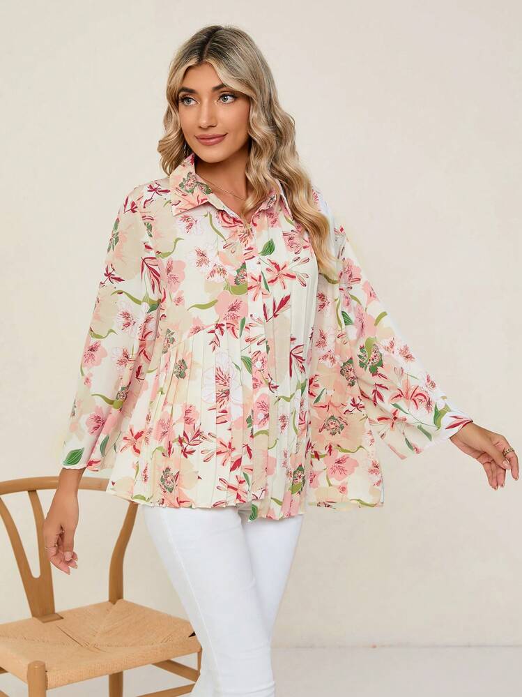 GENKIRA Floral Print Flare Shoulder Pleated Hem Shirt - Multicolor - View 1