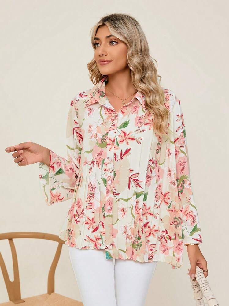 GENKIRA Floral Print Flare Shoulder Pleated Hem Shirt - Multicolor - View 4
