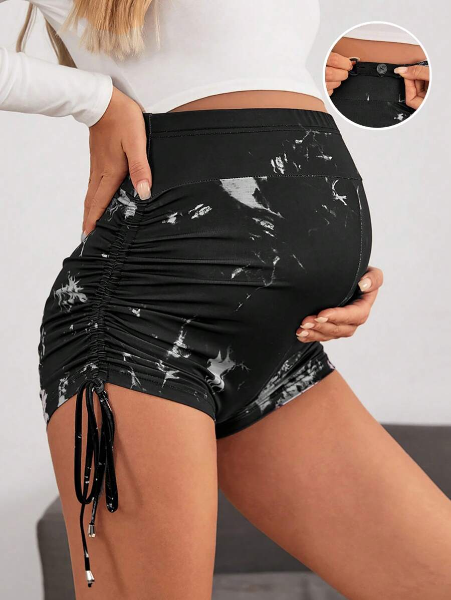 SHEIN Maternity Tie Dye Drawstring Side Cycling Shorts - Multicolor - View 1