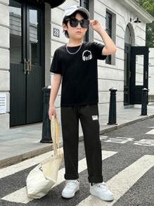 SHEIN Tween Boy Letter Patched Detail Trousers - Black - View 3