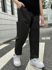 SHEIN Tween Boy Letter Patched Detail Trousers - Black - View 4