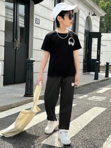 SHEIN Tween Boy Letter Patched Detail Trousers - Black - View 5