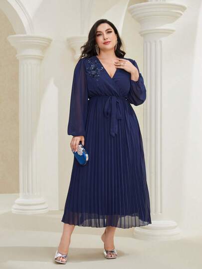 Modelyn Plus Floral Appliques Belted Pleated Hem Dress Maxi Women Outfit Long Evening Dresses Fall Cloth For Women