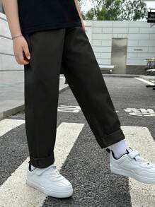 SHEIN Tween Boy Letter Patched Detail Trousers - Black - View 6