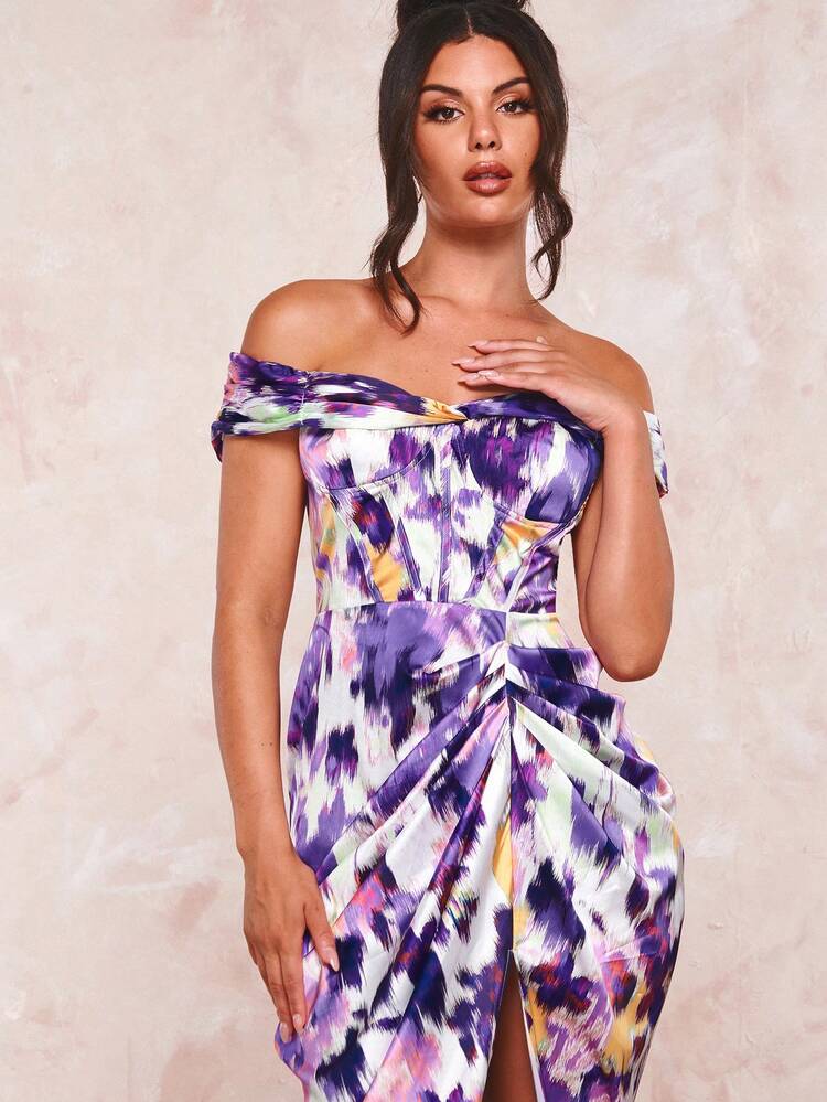 Tie Dye Off Shoulder Ruched Split Thigh Dress