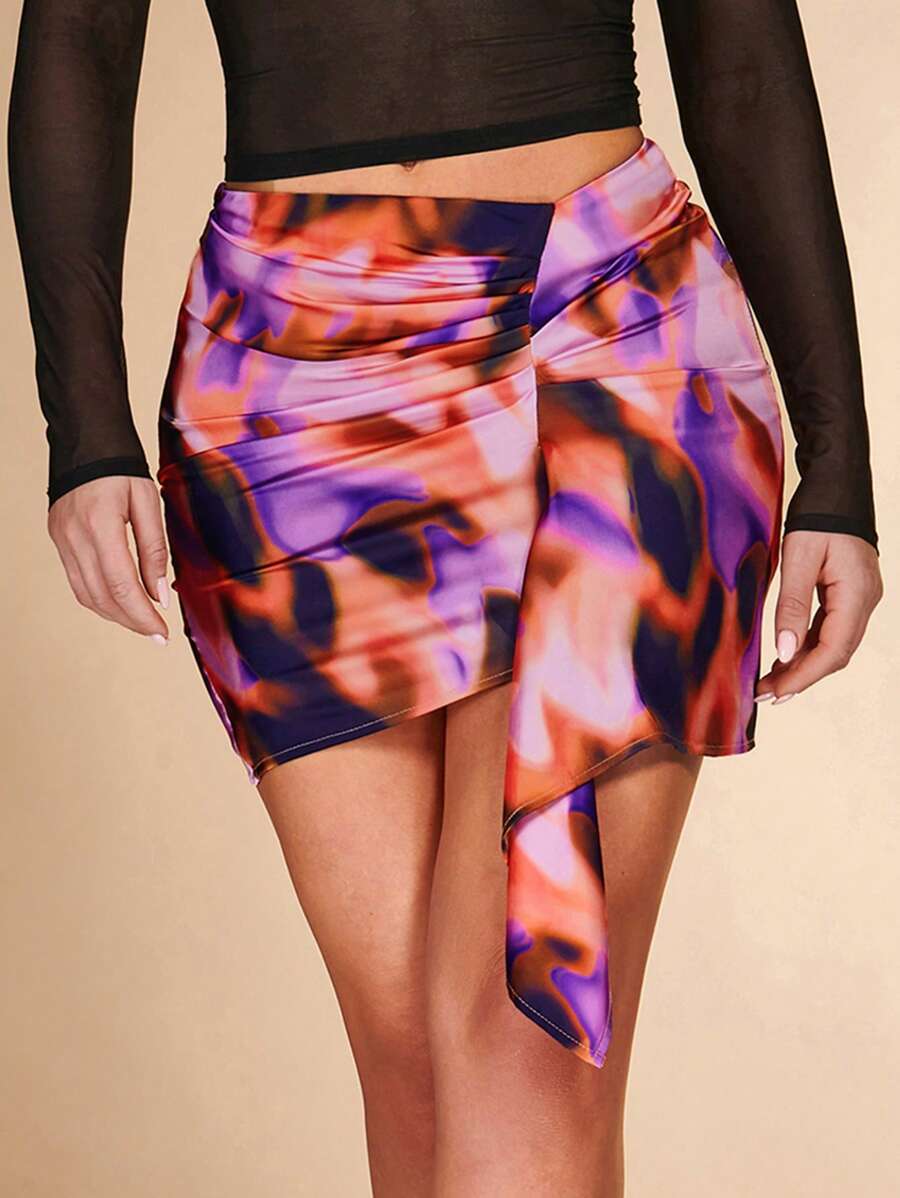 SHEIN BAE 紮染褶邊前垂褶包臀半身裙 - 彩色 - 查看 1