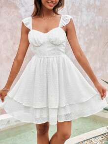 SHEIN VCAY Swiss Dot Ruffle Trim Ruched Bust Two Layer Hem Dress - White - View 4